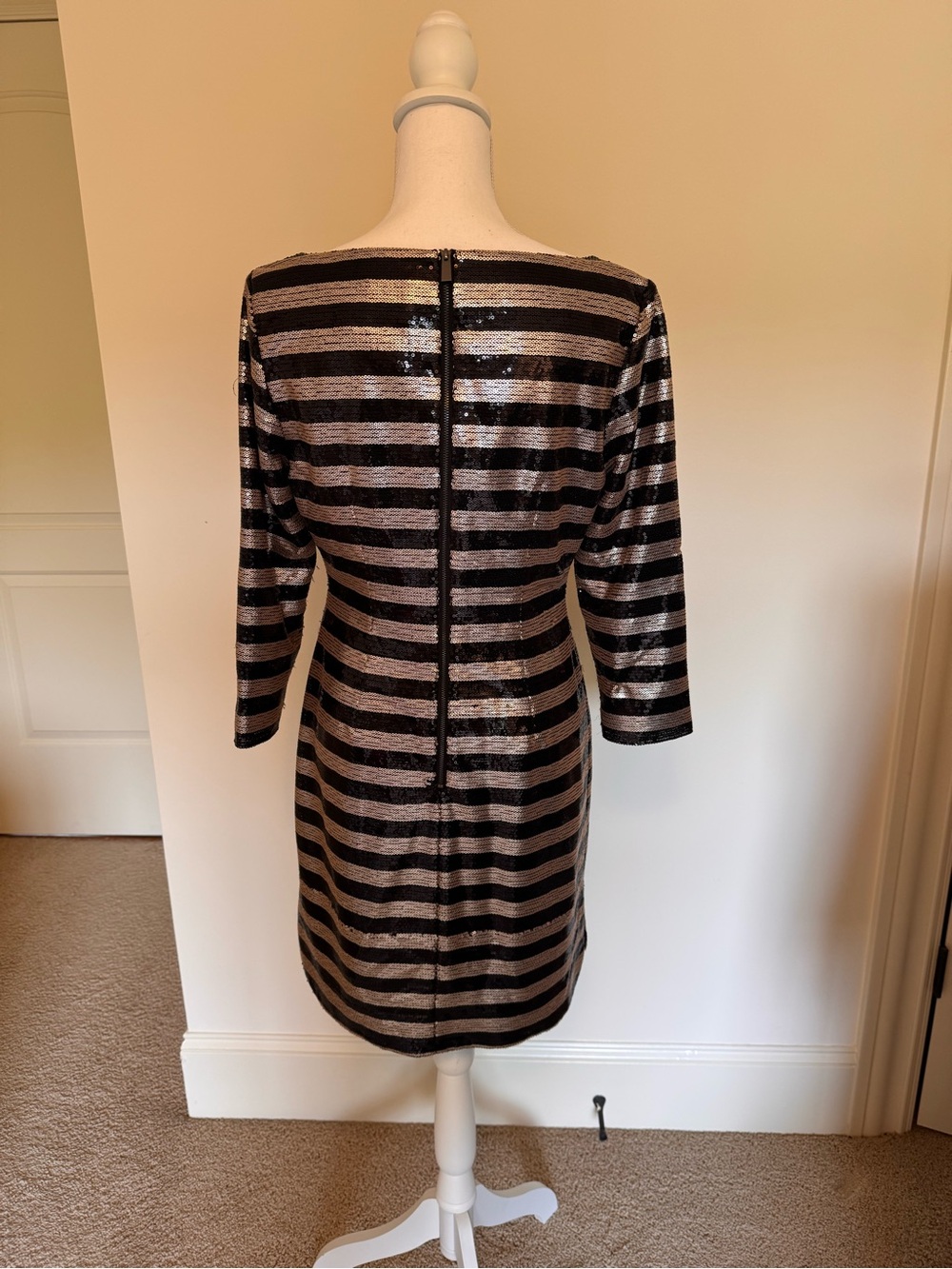 Vince Camuto Black and Silver Striped Sequin Sheath Dress